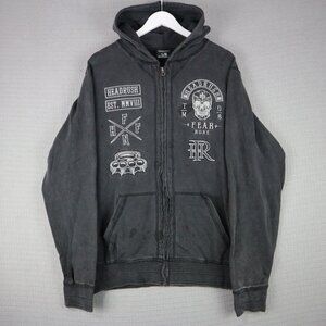 Headrush Distressed Stained Embroidered Faded Zip Up Hoodie Mens Large Y2K